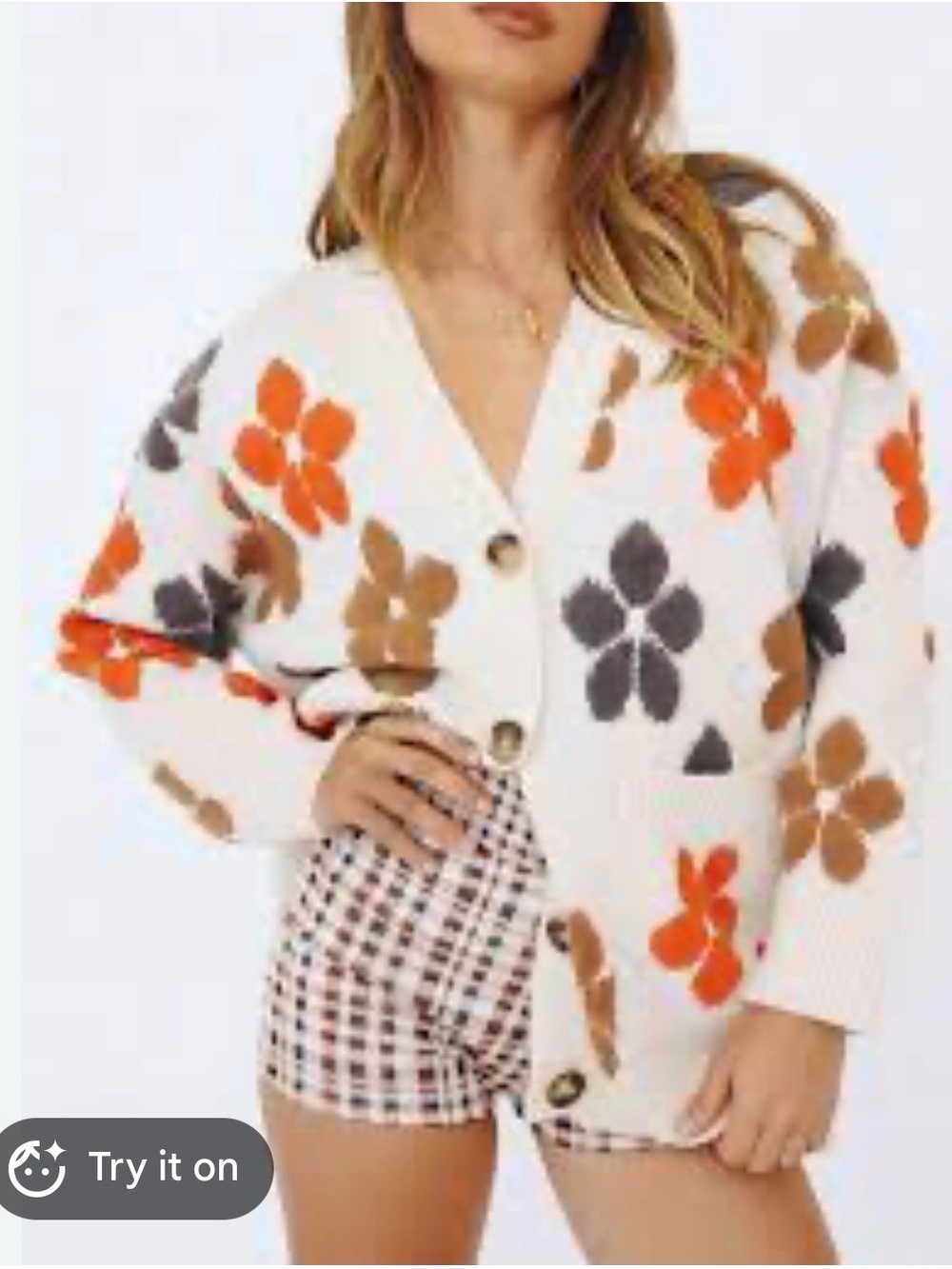 Miss Sparkling Floral Cardigan Sweater Cream Red Taupe Oversized Cozy Size S